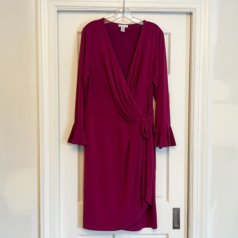 London Times Woman Bell Sleeve V Neck Jersey Wrap Dress 16W